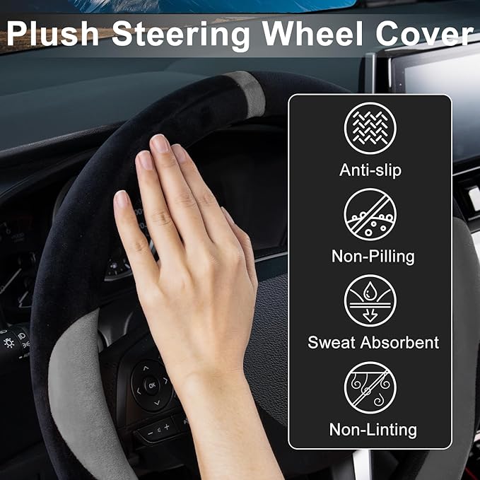 COFIT Plush Steering Wheel Cover Winter, Soft Warm Furry Grip Protector for Cars SUVs Trucks, Fits 14.5-15 Inch, Non-Slip Interior Accessory, Grey