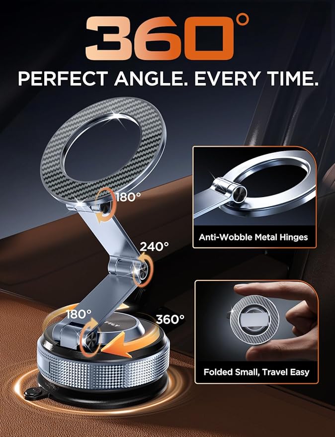 MSXTTLY Car Phone Holder 360° Adjustable Tesla Magnetic Phone Mount Foldable Car Mount 2026 Zinc-Alloy Magsafe Phone Holders for Your Car for iPhone 17 Pro Max 16 15 14 13 12 Plus,Carbon Fiber