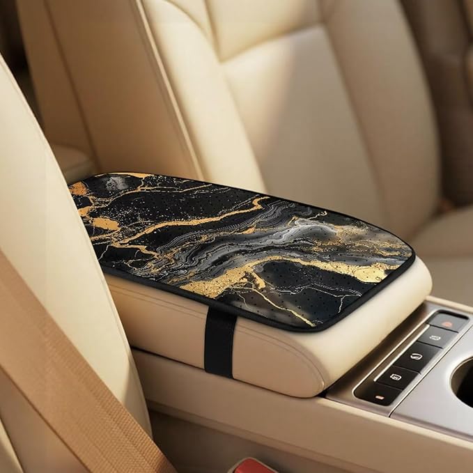 Psesaysky Black Gold Marble 2 Front Seat Covers, 1 Center Console Armrest Cover, 2 Seat Belt Pads, All-in-One Automotive Accessories Set