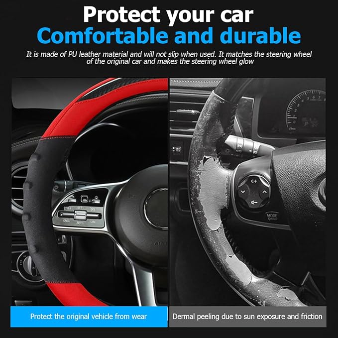 Car Steering Wheel Cover, Non-Slip Vehicle Steering Wheel Protector, Automotive Interior Accessories for Women Men, 15 Inch Universal for SUV, Truck, RV, Van and More（Black/Red）