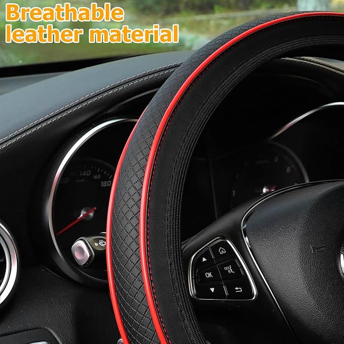 Car Steering Wheel Cover, Anti-Slip Breathable Leather Vehicle Steer Wheel Protector Adaptable to 14.5-15 Inches, Steering Wheel Protection Guard, Universal Automotive Accessories (Red)