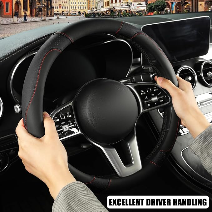 Binsheo Microfiber Leather D Shaped Steering Wheel Cover, Breathable, Anti Slip, 13.5 inch to 14 inch, Black