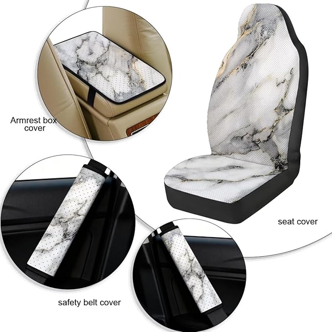 FUSURIRE 5 Pcs Car Accessories Set -White Marble Pattern PU Front Seat Covers, Seat Belt Covers & Center Armrest Pad for Car Interior Accessories