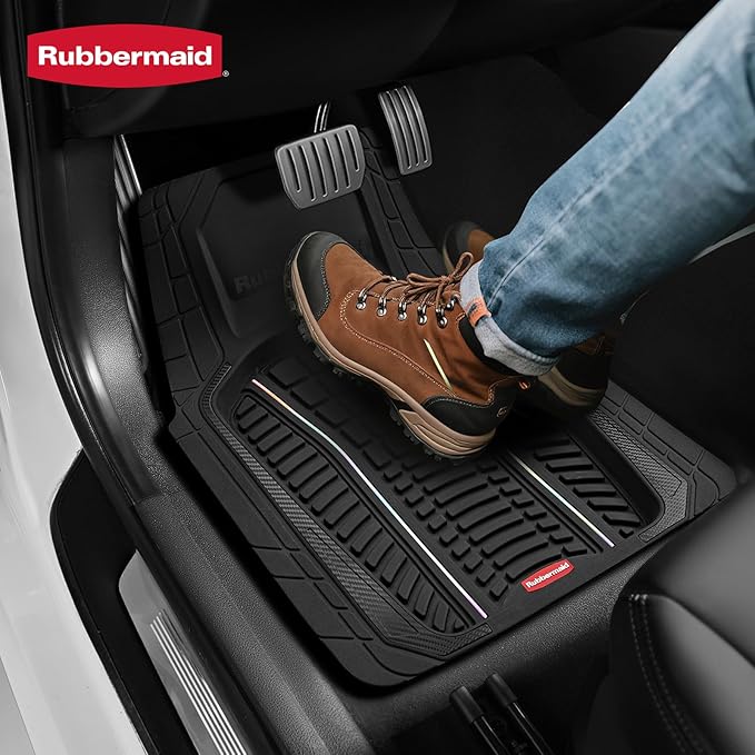 Rubbermaid Car Floor Mats Full Set – Premium All-Weather Car Mat with Brushed Aluminum Inserts, Universal Trim-to-Fit Design, Anti-Slip Backing for Cars, SUVs, Trucks, and Vans
