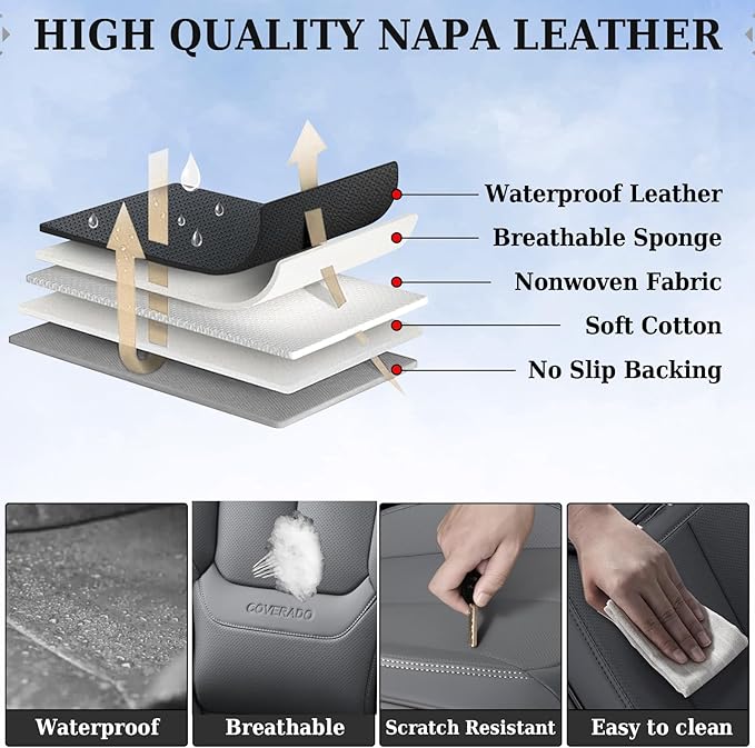 Coverado Seat Covers, Car Seat Covers Front Seats, Car Seat Cover, Car Seat Protector Waterproof, Car Seat Cushion Nappa Leather, Gray Seat Covers Carseat Cover Universal Fit for Most Cars