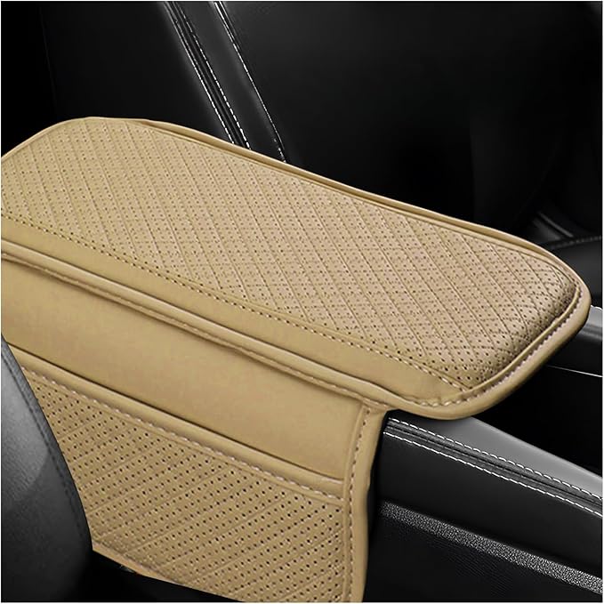 Car Center Console Cover, Microfiber Leather Armrest Cover Cushion with 2 Storage Bags, Anti-Scratch Middle Console Protector Interior Accessories for Most Cars SUVs Trucks (Beige)