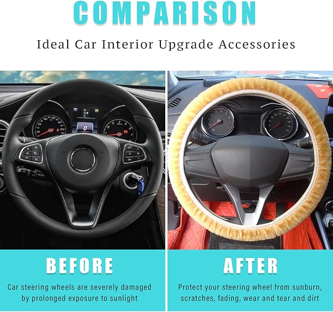 Ziciner Elastic Fuzzy Steering Wheel Cover, 15'' Soft Steering Wheel Protector for Warm Winter, Anti-Slip Fluffy Car Wheel Covers, Universal Car Interior Decor Accessories for Women Men (Beige)