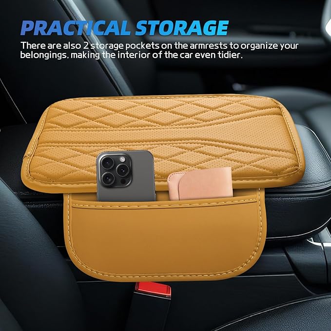 Car Center Console Cover, 11.8"×6.7" Leather Armrest Cover for Cars, Multifunctional Auto Armrest Cushion Pad with Storage Pocket, Universal Arm Rest Protector Car Accessories (Orange)