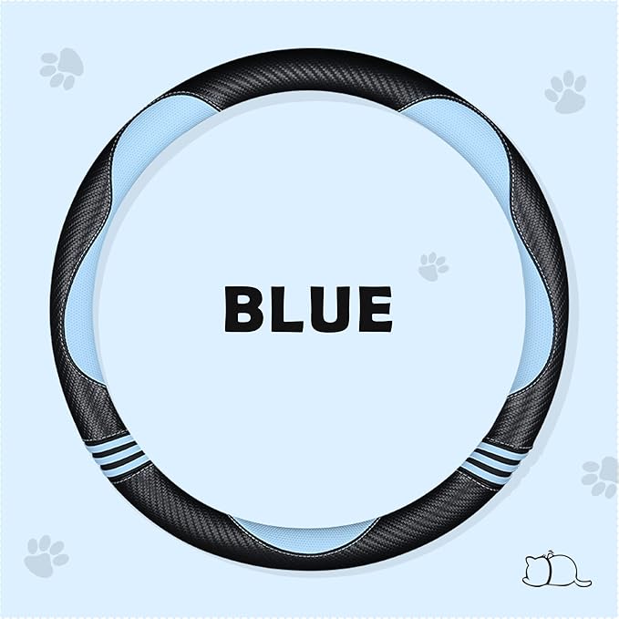 Car Steering Wheel Covers for Women Girl Padded Carbon Fiber PU Leather Cute Cartoon Auto Interior Accessories for Jeep, Truck, Universal, Anti Slip, Blue, Large Size, 15.2-16in