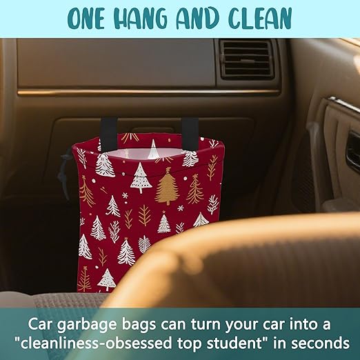 KXWQTRDD Car Garbage Bag White and Gold Xmas Trees Hanging Canvas Car Trash Bag Drawstring Car Back Seat Organizer for Car Back Front Seat Console with Adjustable Buckle