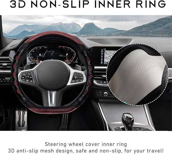 Car Steering Wheel Cover, 15 Inches 3D Honeycomb Design Car Steering Wheel Protector with Comfy Grip, Breathable Anti-Slip D-Shaped Steering Wheel Sleeve for Most Vehicles (Red)