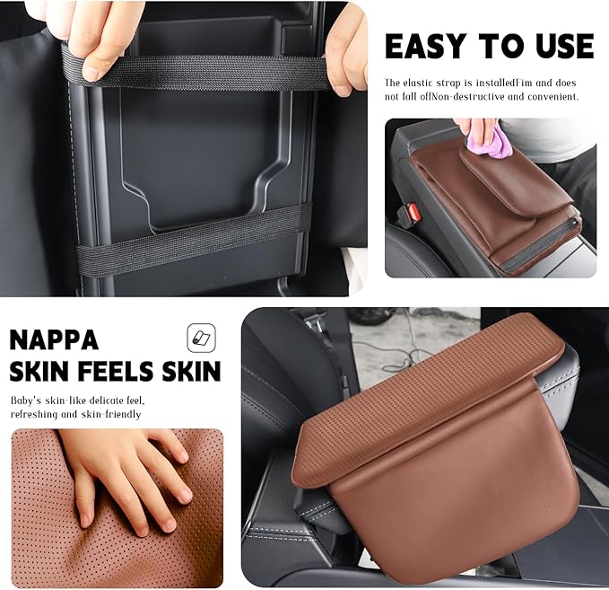 Car Armrest Cover Pad - Nappa Leather Car Center Console Cover with Breathable Holes, Non-Slip Auto Arm Rest Cushion, Universal Car Interior Accessories Fit forTesla Model Y Most Cars (Dark Brown)