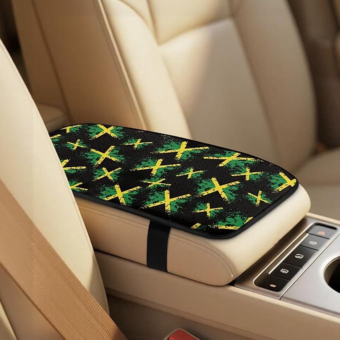 FUSURIRE Jamaica Flag 5 Pcs PU Front Seat Covers, Seat Belt Covers & Center Armrest Pad for Car SUV Truck Car Interior Accessories