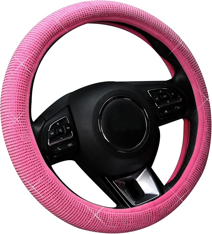 Valleycomfy Steering Wheel Cover for Women Bling Bling Crystal Diamond Sparkling Car SUV Wheel Protector Universal Fit 15 Inch (Rose,Standard Size(14" 1/2-15" 1/4))