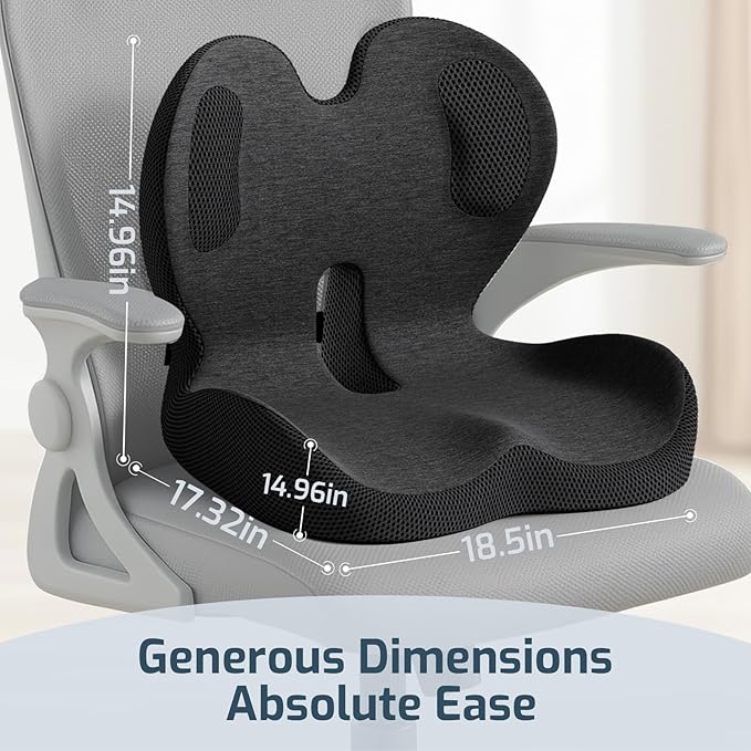 Office Chair Cushions with Lumbar Support Pillow, Soothe Back and Seat Cushion Memory Foam, Non Slip Adjustable Strap for Lower Back Pain Sciatica Relief Office Workers Car Drivers (Black+ Gray)
