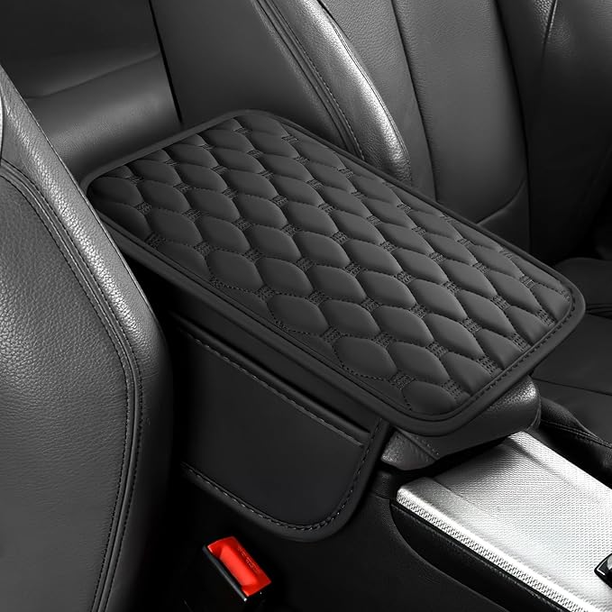 Car Center Console Cover, Leather Auto Armrest Cover Protector, Waterproof Armrest Center Console Pad with 2 Storage Bags, Universal Armrest Seat Box Pad for Vehicle SUV Truck (Black)
