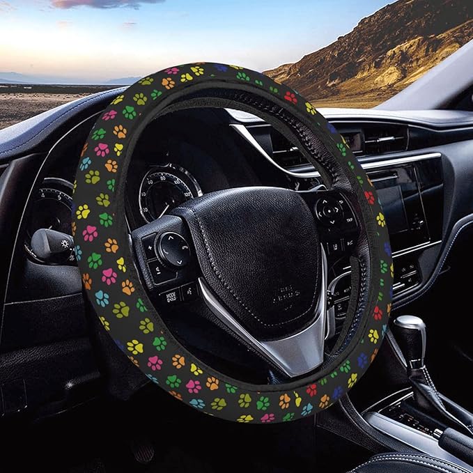 FeHuew Dog Paws Colorful Print Steering Wheel Cover for Women, Girls 15 inch Universal Auto Car Anti Slip Wrap Steering Wheel Covers Fit for Vehicles, Truck, SUV