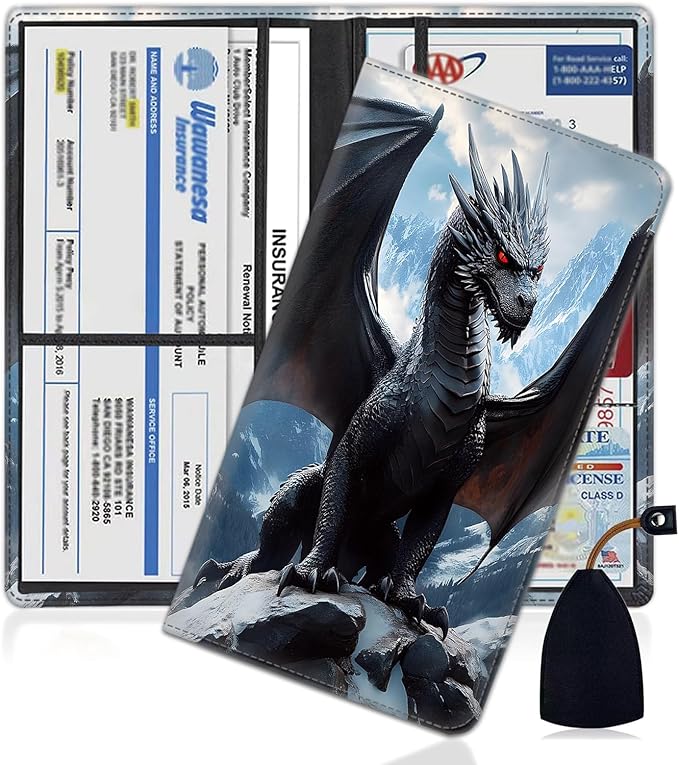 Car Document Holder with Magnetic Shut, Car Registration and Insurance Card Holder, Vehicle Glove Box Organizer Documents, Driver License, Auto Paperwork Organizer Wallet, On Snow Peak Black Dragon