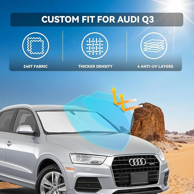 for Audi Q3 2013-2018 Windshield Sun Shade - 4 Layers Car Sunshades for Front Windows Shade Cover Custom Fit Q3 Sun Visor 240T Retractable Shade Blocks UV Rays Car Accessories