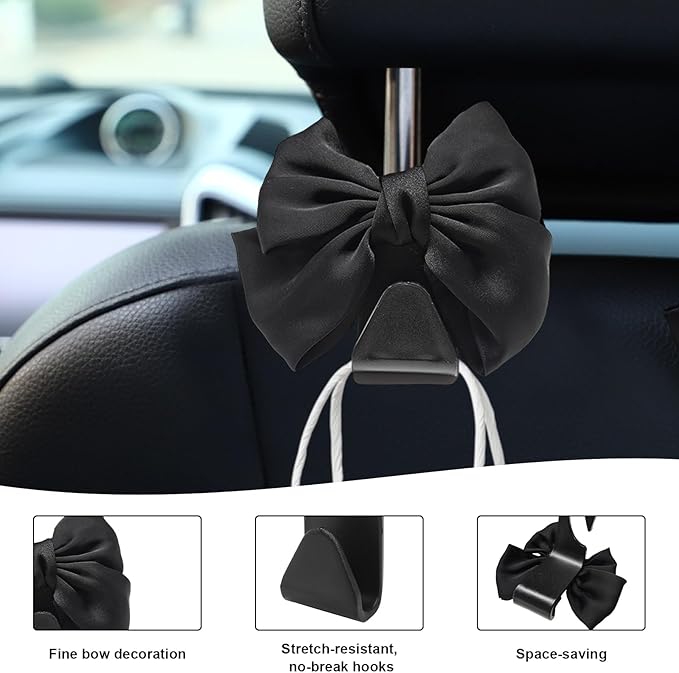 4 PCS Car Back Seat Headrest Hooks, Cute Bow Vehicle Backseat Storage Headrest Hanger, Car Organizer Hooks for Handbag Clothes Grocery Bags, Car Interior Accessories