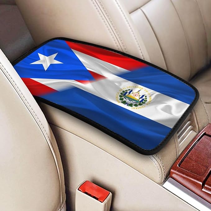 Auto Center Console Pad Puerto Rico Porto Rico Puerto Rican and EL Salvadorean Flag Wavy Car Armrest Cover Armrest Seat Handrail Box Cover Cushion Universal Decoration Protector Accessories