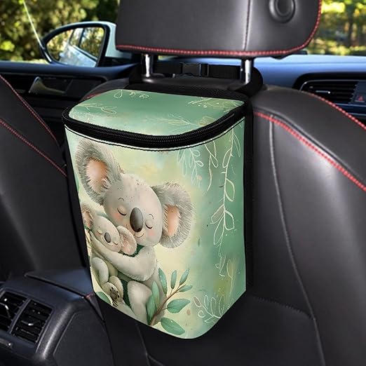 Cute Koala Mother-and-Baby Car Trash Can with Zipper & Hanging Design Suitable for Backseat and Behind Center Console