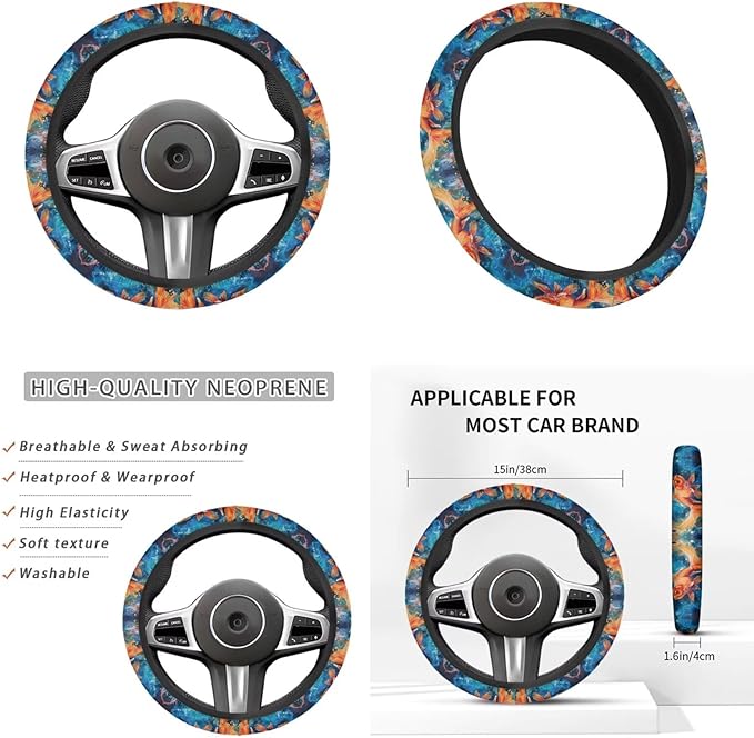 Dazzle Goldfish Print Elastic Steering Wheel Protector for Men Women Auto Interior Accessories 6 Pcs Cup Coaster Cars Handbrake Cover Fit Truck Van SUV