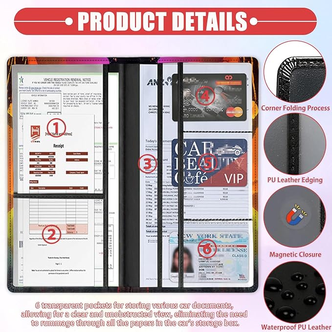 Car Document Holder with Magnetic Shut, Car Registration & Insurance Card Holder, Waterproof PU Leather Glove Box Organizer Vehicle Accessories Driver License for Women/Men, Pug Dog Pattern