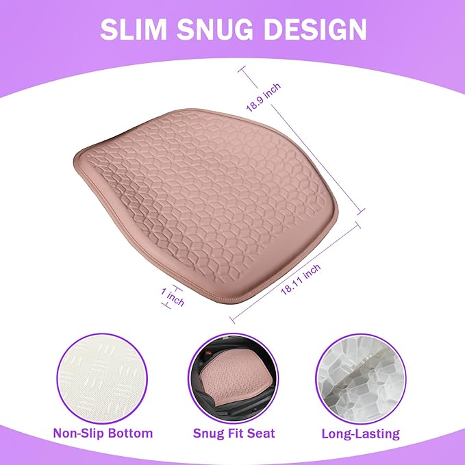 Thin Gel Seat Cushion for Car Seat, Office Chair, Wheelchair, Golf Cart - Non-Slip Car Seat Cushions with 0.7 Inch Gel - Sciatica & Coccyx Pain Relief (Leather, Pink)