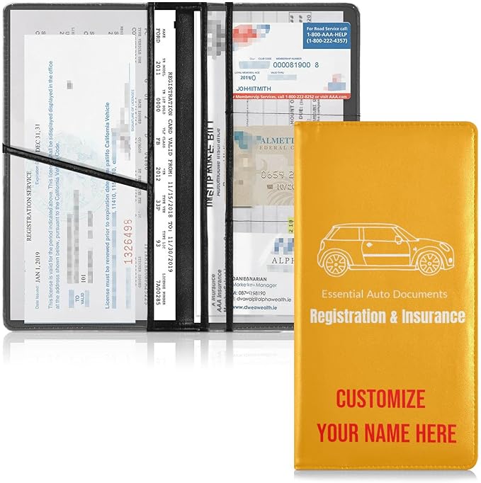 Custom Car Registration and Insurance Card Holder Personalized Leather Glove Box Organize Men Women Wallet Accessories Case for Cards, Essential Document Driver License Yellow Orange