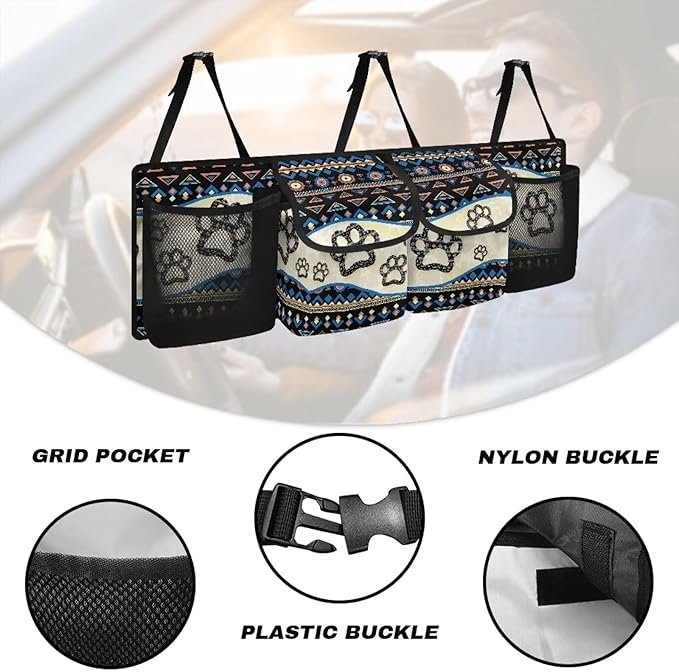 Dreaweet Aztec Car Trunk Organizer Storage Backseat Hanging Organizer Bag Dog Paw Print Car Storage Accessories Waterproof Collapsible Trunk Organizer for SUV Trucks Sedan Van