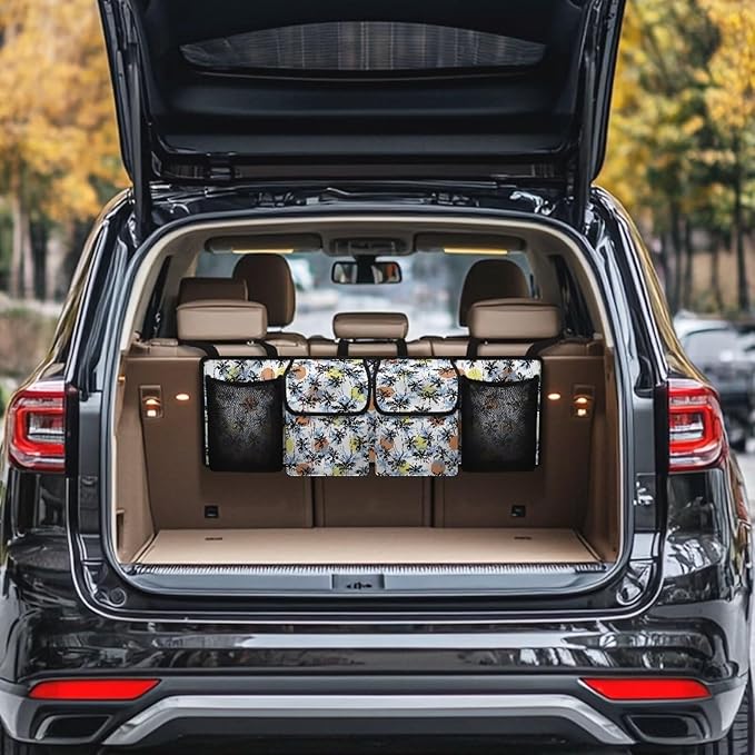 Palm Print Trunk Hanging Organizer, Backseat Bag, Car Interior Accessories with 2 Pockets & 2 Mesh Pouches for Groceries, Will Provide More Storage Trunk Space for SUV, Jeep, MPVs