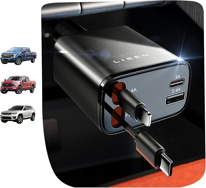 LISEN Retractable Car Charger, Lighting Deals of Today, Retractable Car Charger for iPhone 17 Pro Max Air 16 15 iPad Samsung, Valentines Day Gifts for Men Women, Car Accessories for Truck Jeep Ford