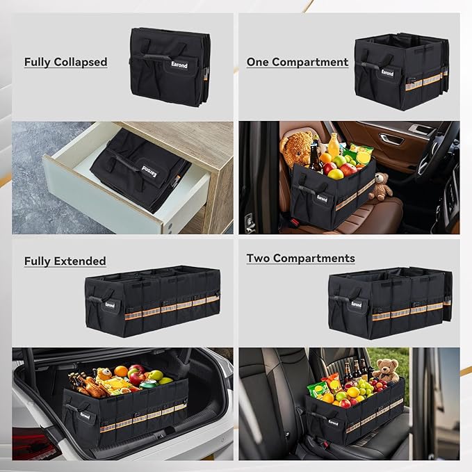 EAROND Car Trunk Organizer with Lid,Collapsible Car Storage Organizer with Multi Compartments and Securing Straps for SUV,Sedan,Jeep-Black