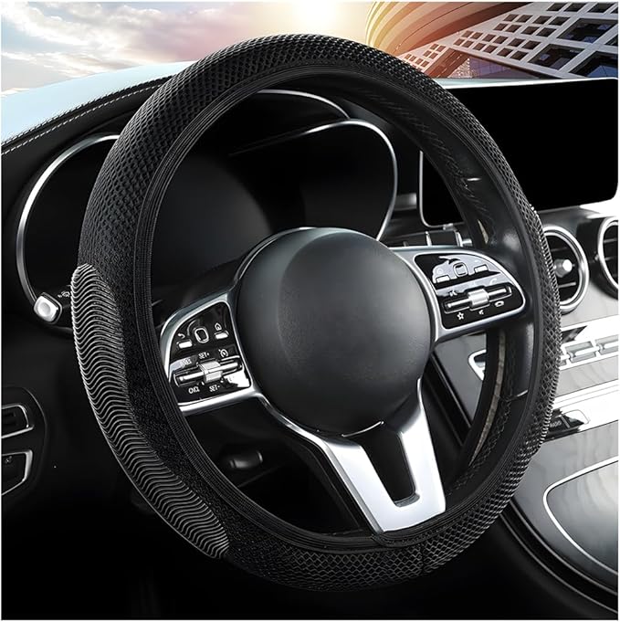 Elastic Stretch Car Steering Wheel Cover, Breathable No Inner Ring Vehicle Steering Wheel Protector, 15 Inch Ice Silk Anti Slip Automotive Accessories, Universal Fit (Black)
