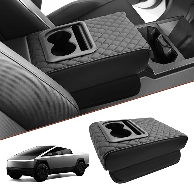 SKTU 2024 2025 2026 Cybertruck Center Console Cover for 2024 2025 2026 Tesla Cybertruck Armrest Cover 2024 2025 2026 Cybertruck Accessories Cybertruck Console Cushion (Black Stitches with Cupholders)