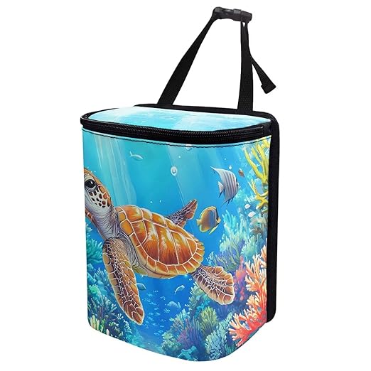 Talayituse Turtle Fish Water Plants Print Car Trash Can with Lid, Leak Proof Auto Trash Bag Hanging Vehicle Garbage Can Multipurpose Storage Container for Back Seat Road Trip