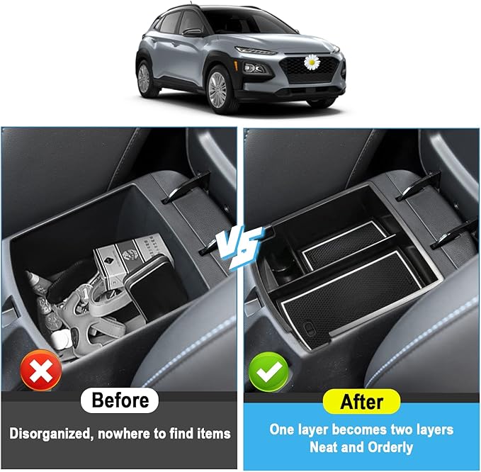 Ruiya Kona Center Console Organizer for Hyundai Kona Accessories Middle Console Organizer 2018+ Hyundai Kona Armrest Storage Box Glove Tray Compatible with 2018 2019 2020 2021 2022 2023 Hyundai Kona
