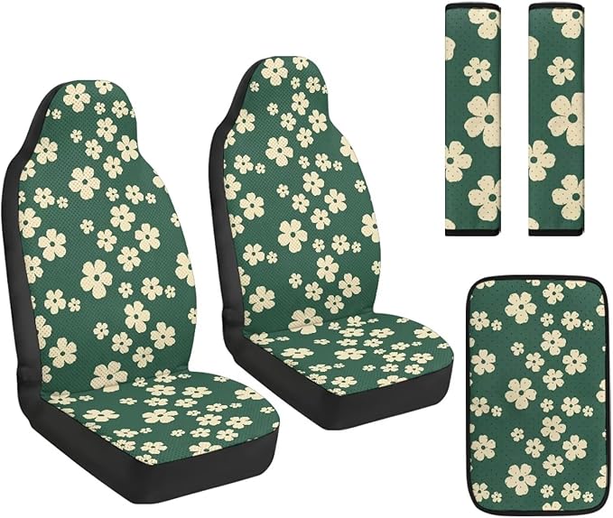 FUSURIRE 5Pcs Car Accessories Set Green Daisy Print PU Front Seat Covers, Seat Belt Covers & Center Armrest Pad Universal FIT for Car, SUVs,Van,Small Trucks