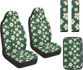 FUSURIRE 5Pcs Car Accessories Set Green Daisy Print PU Front Seat Covers, Seat Belt Covers & Center Armrest Pad Universal FIT for Car, SUVs,Van,Small Trucks