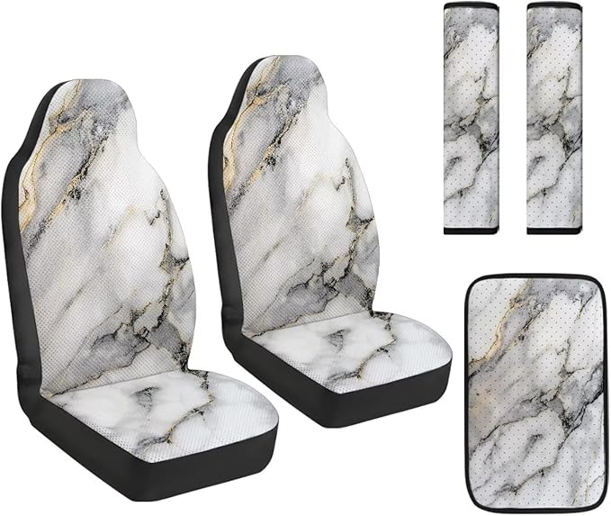 FUSURIRE 5 Pcs Car Accessories Set -White Marble Pattern PU Front Seat Covers, Seat Belt Covers & Center Armrest Pad for Car Interior Accessories
