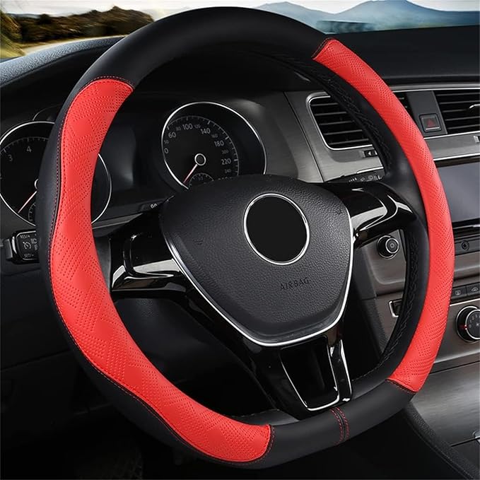 D Shape Steering Wheel Cover - Microfiber Leather D Type, Breathable Anti-Slip Flat Bottom Shaped Steering Wheel Cover for Women & Men, 15 inch (RED)