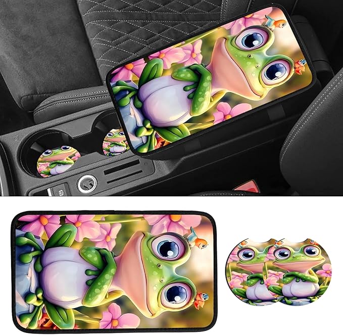 JANENFNA Car Armrest Cover Pads Universal Fashion Cute Auto Center Console Armrest Cover Pad with 2PCS Car Coasters Soft Waterproof Car Armrest Seat Protector for Women,Pink Flower Frog