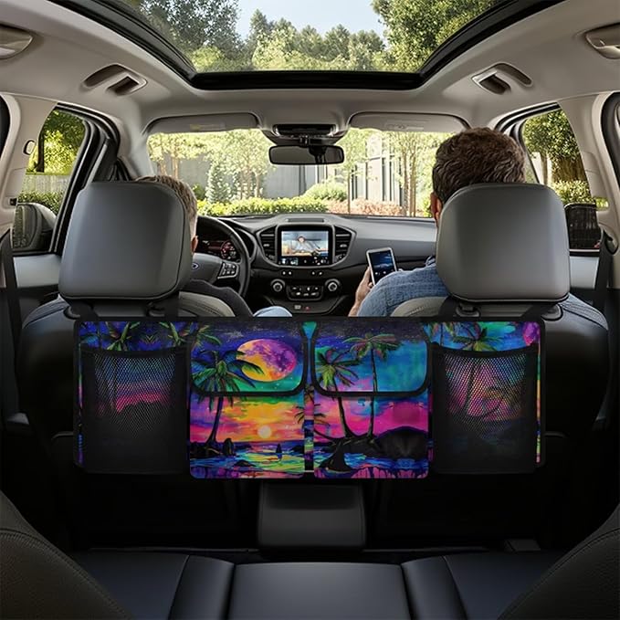 Car Trunk Organizer Tropical Beach Galaxy Backseat Hanging Organizer with Pockets, Super Capacity Storage Solution Decoration for SUVs, Trucks, Vans, and Cars