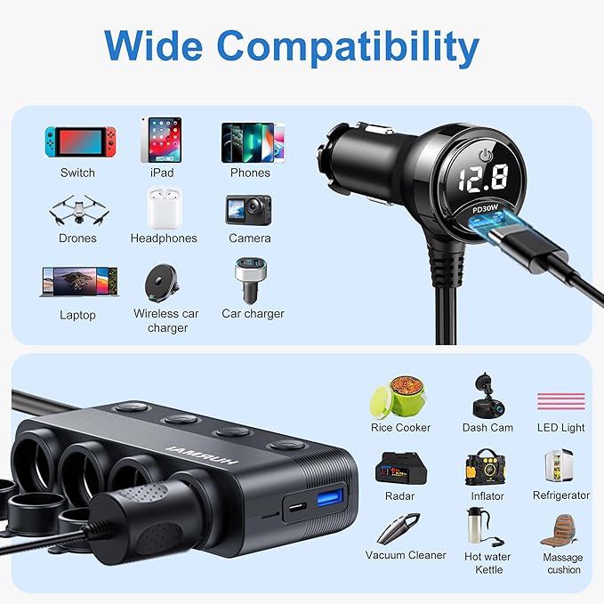 Cigarette Lighter Splitter Adapter 216W 4 Socket Heavy Duty Truck Car USB Chager Multi Port with PD30W/QC3.0 Charge USB C 12V/24V Independent Switches & Dust Cover & Waterproof for Car Devices