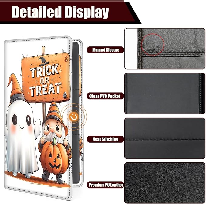 Car Registration Holder, PU Leather Vehicle Glove Box Organizer for Driver License, Document, Car Insurance Holder with Magnetic Shut, Auto Paperwork Wallet Case Accessories, Cute Trickster Ghost