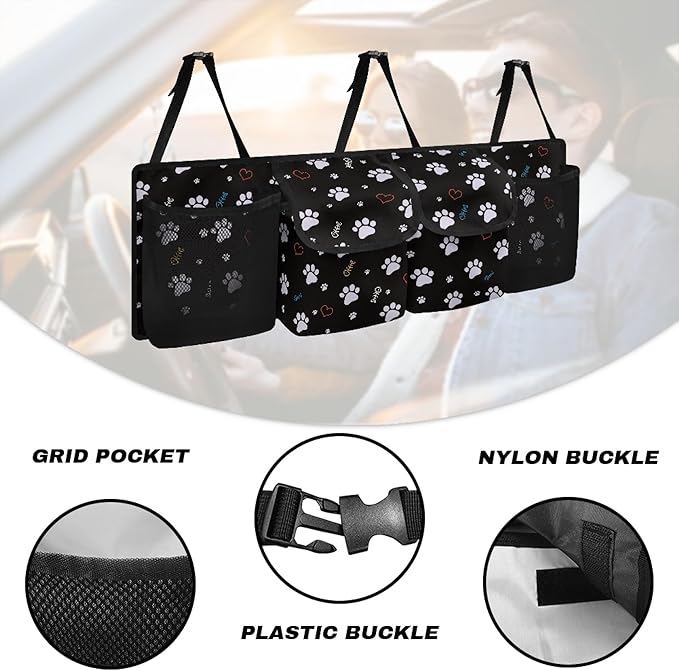 CLOHOMIN Dog Paw Car Trunk Organizer Cute Backseat Car Organizer with Net Collapsible Cargo Bag with 4 Pockets Hanging Car Storage Accessories Gifts for Women Men