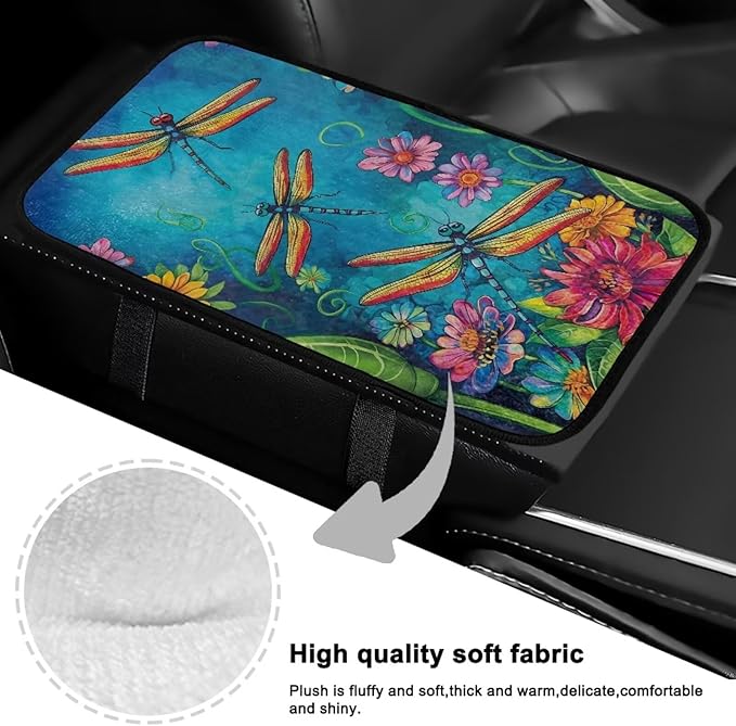 Bulopur Dragonfly Armrest Cover Car Easy to Install Car Center Console Cushion Pad Flannel Auto Armrest Console Car Accessories Comfortable Universal Fit Most Cars Women Men
