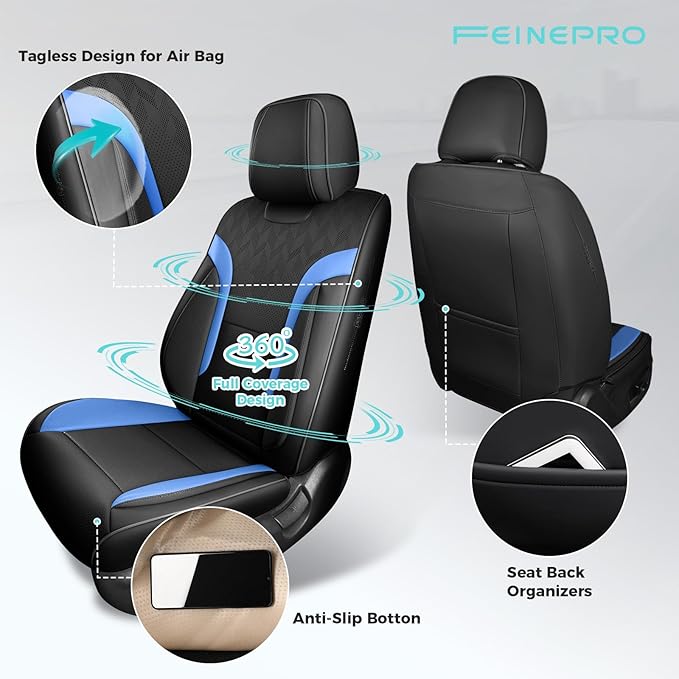 FEINEPRO Black and Blue Car Seat Covers Only Front 2pc - Breathable Faux Leather Universal Seat Covers for Cars, Automotive Protector Fit for Most Sedan SUV Pick-up Truck
