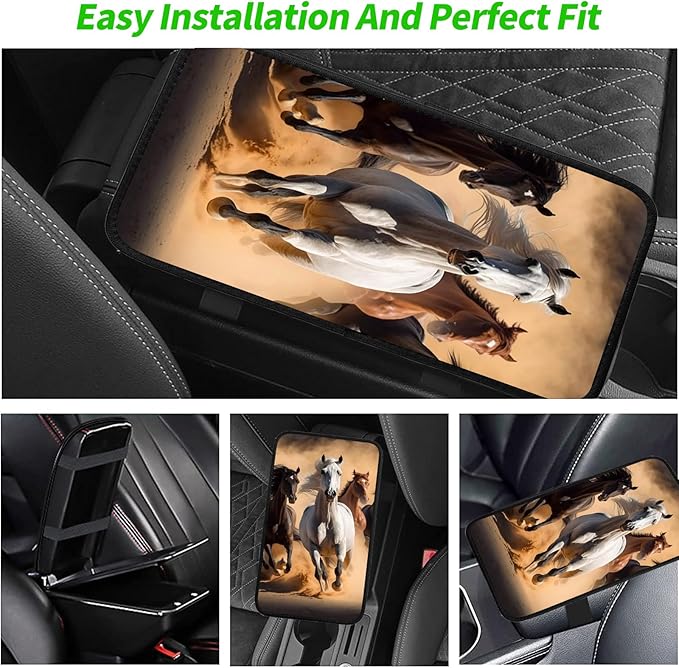 JANENFNA Car Armrest Cover Pads Universal Fashion Cute Auto Center Console Armrest Cover Pad with 2PCS Car Coasters Soft Waterproof Car Armrest Seat Protector for Women,Horses